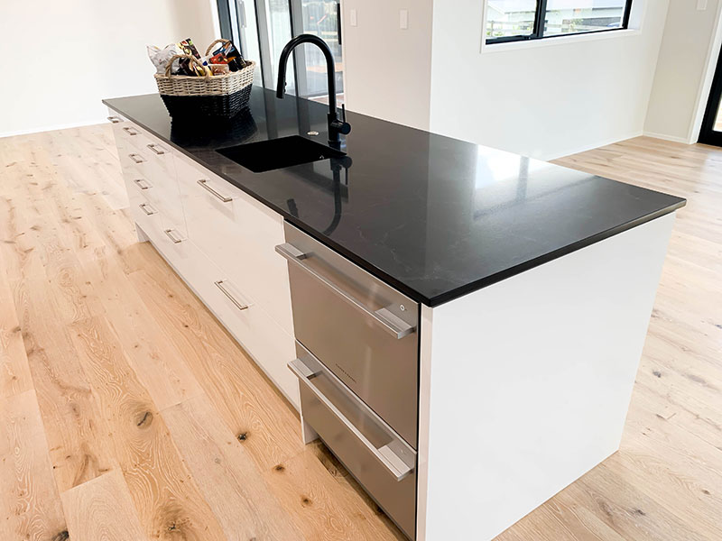 Island bench with black marble benchtop, black sink, black tap and white cabinets with F n P Dishdraws